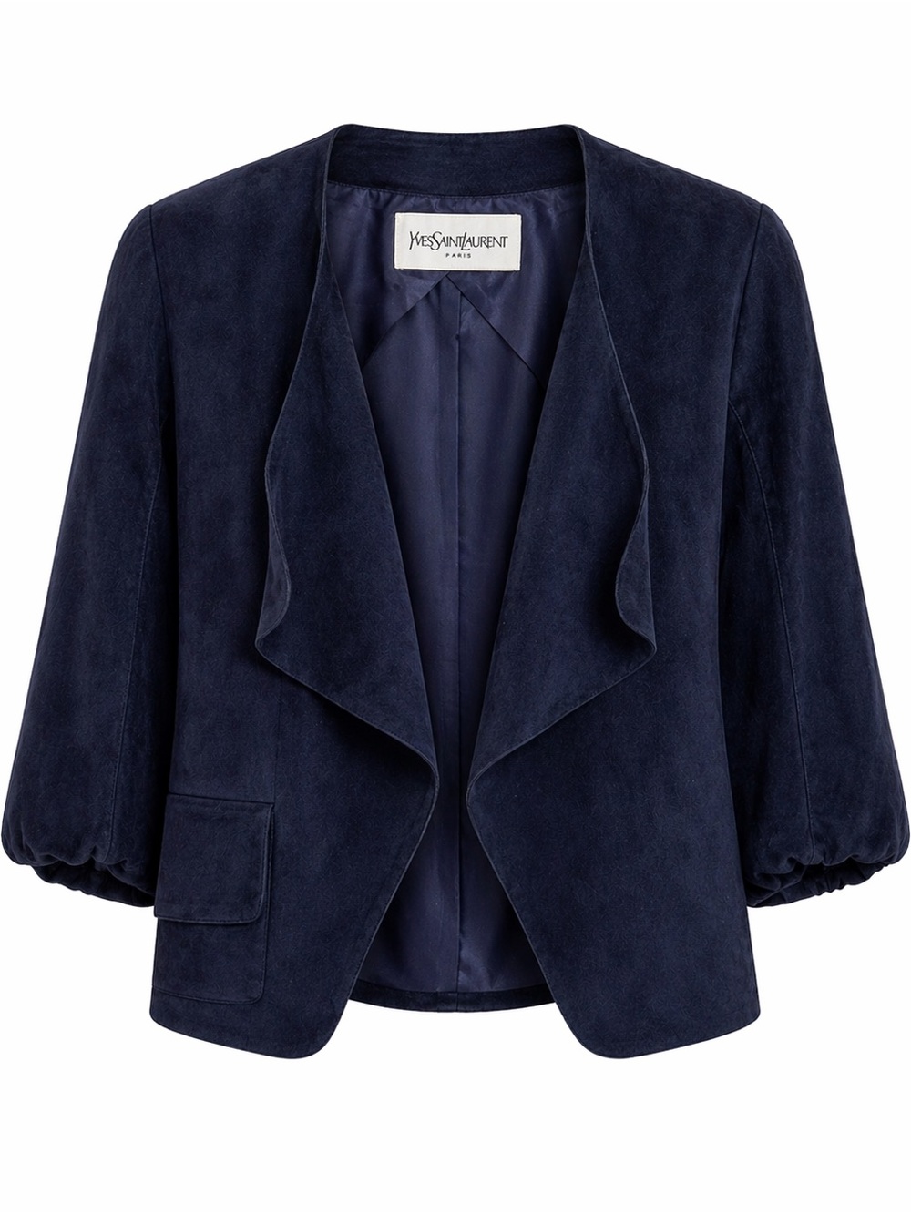 Yves Saint Laurent Navy Suede Draped Blazer with Puff Sleeves